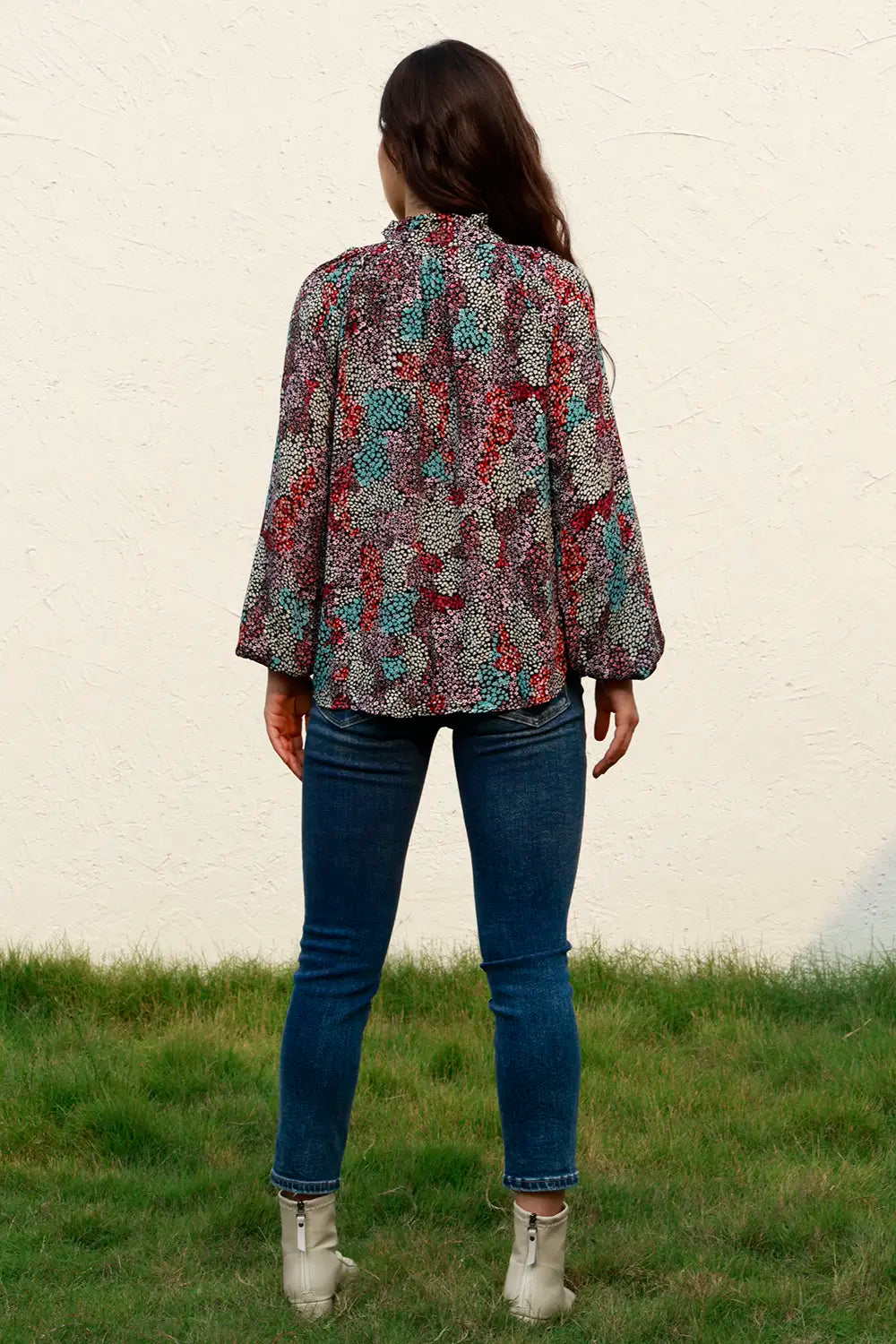 Tie Neck Heathered Blouse with Balloon Sleeves - Roe Creation