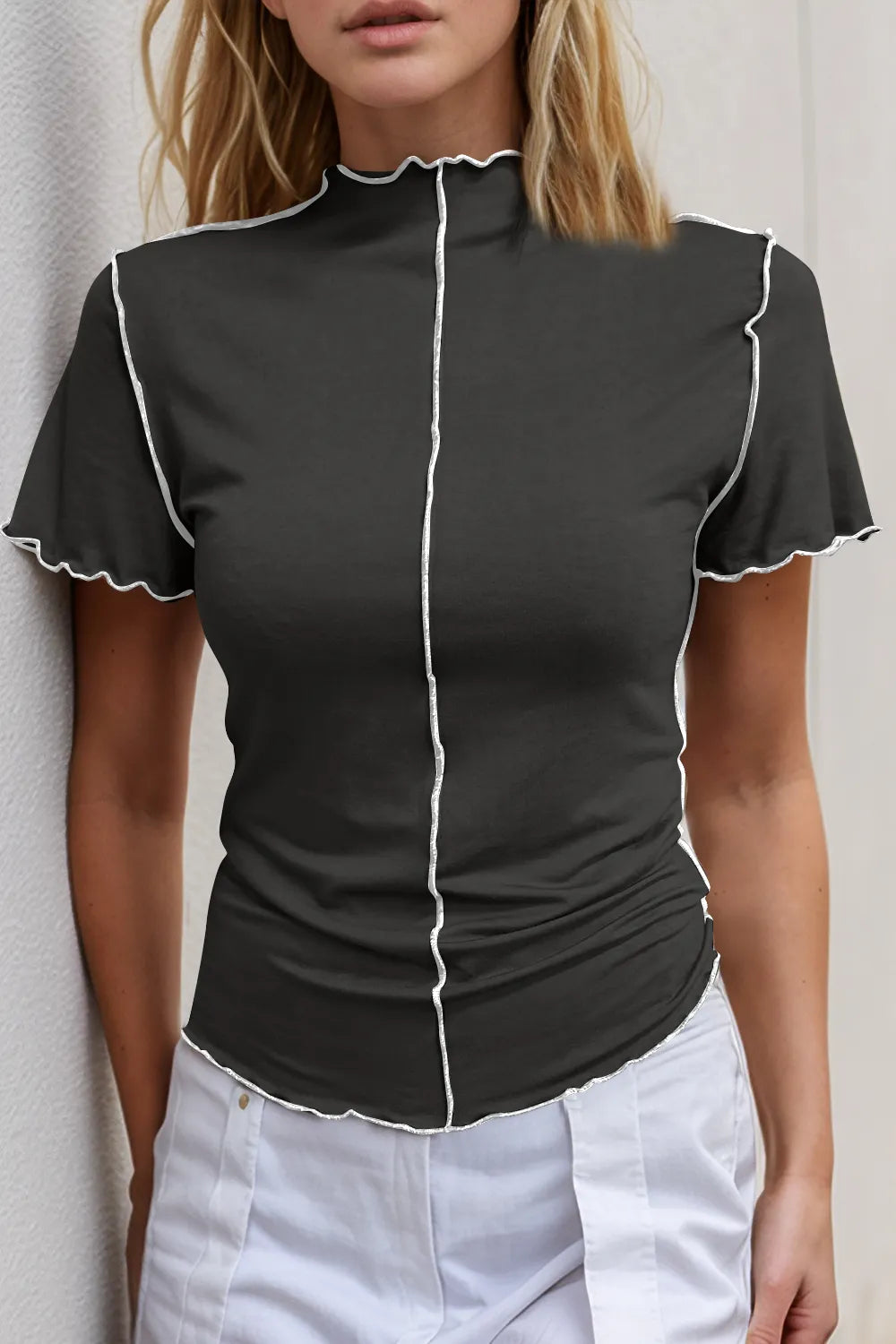 Basic Bae Contrast Trim Mock Neck Short Sleeve T-Shirt - Roe Creation