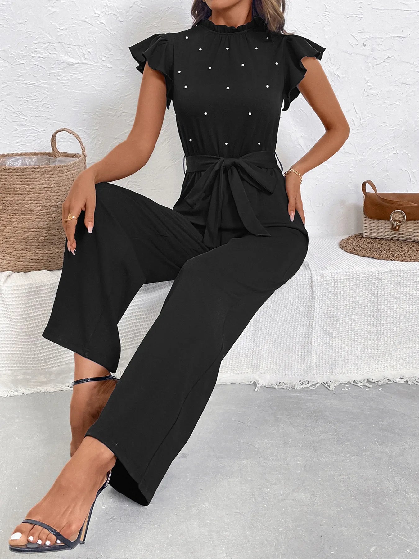 Pearl Detail Ruffled Cap Sleeve Jumpsuit - Roe Creation