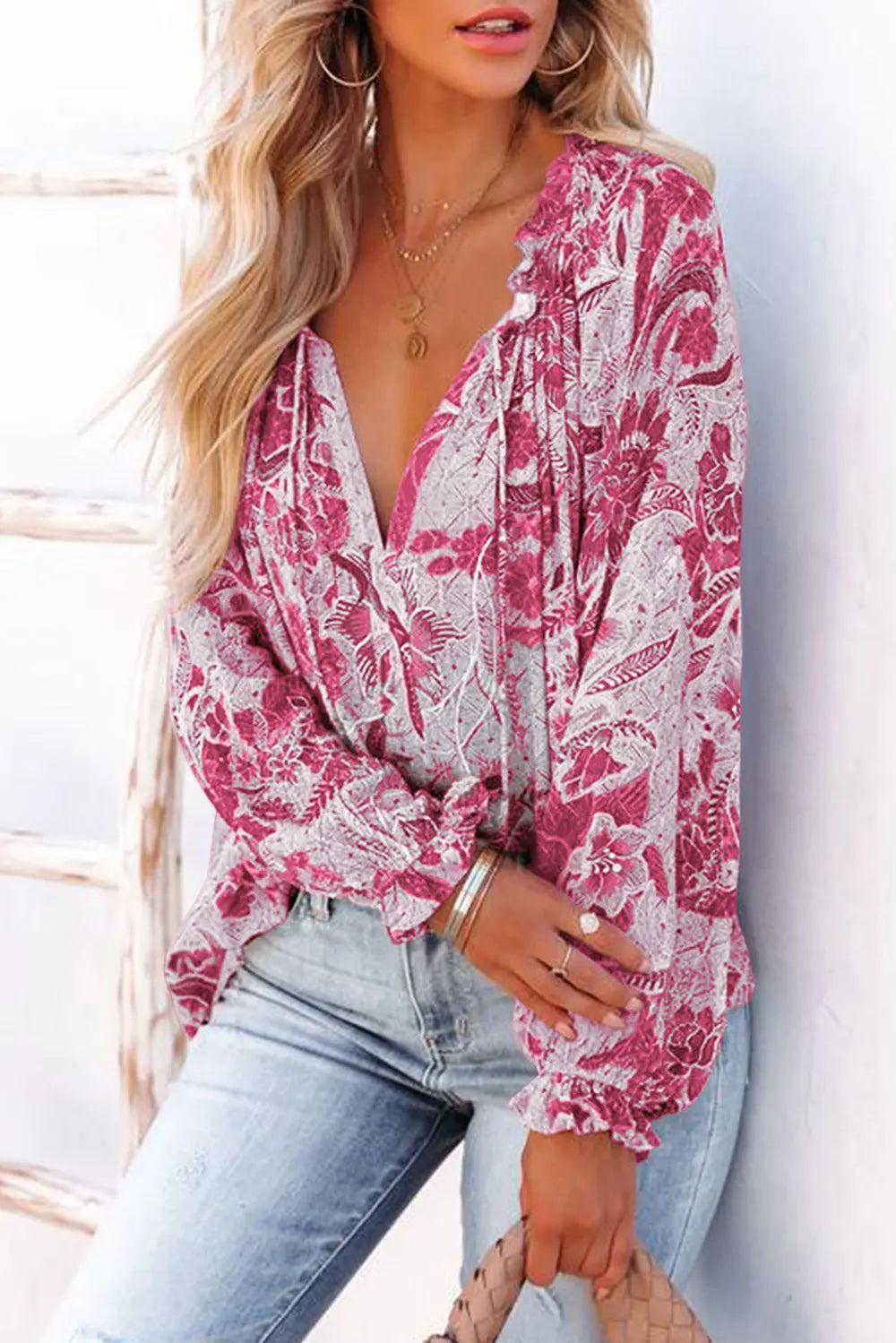 Women’s Floral Tie Neck Blouse with Flounce Sleeves – Elegant Spring Top - Roe Creation