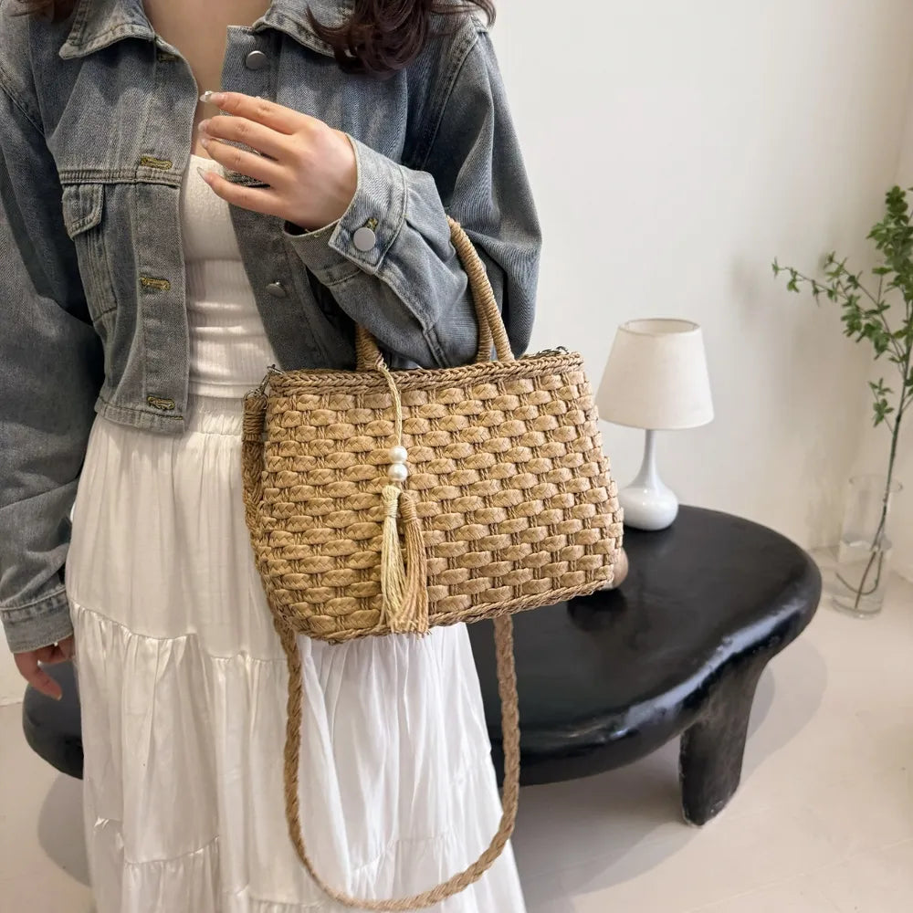 Braided Strap Paper Weave Shoulder Bag - Roe Creation