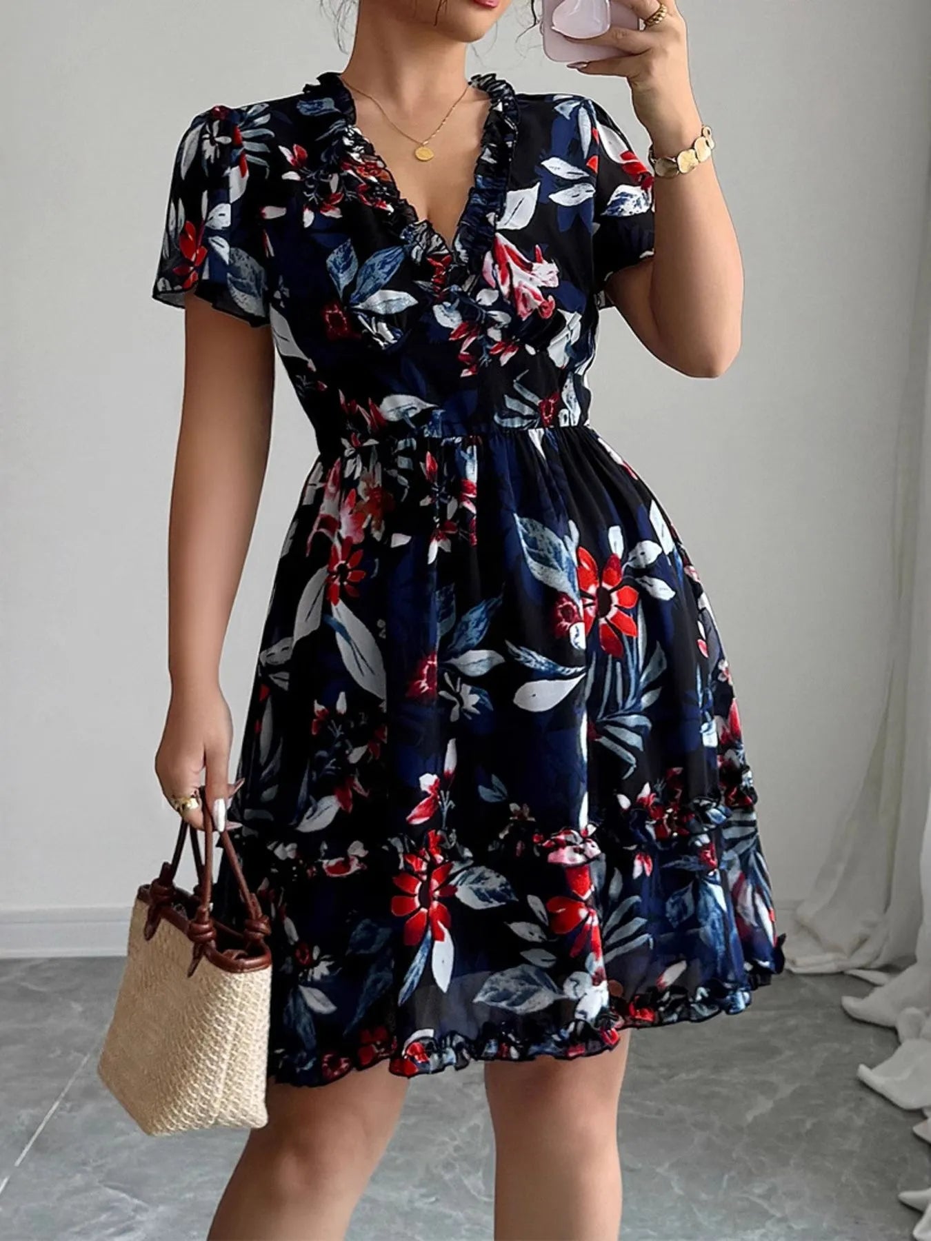 Floral Wrap Dress with Flutter Sleeves - Roe Creation