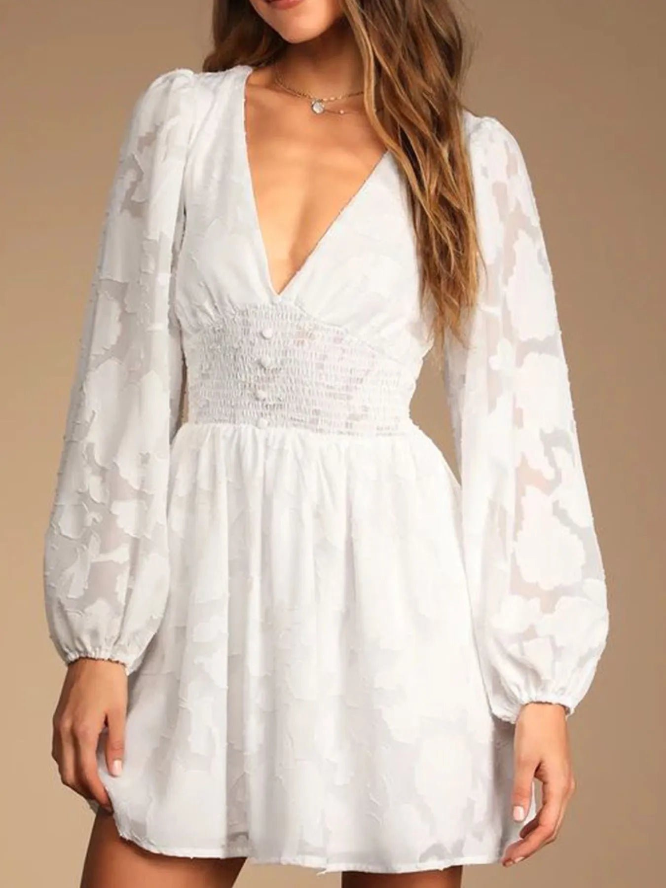 Smocked V-Neck Balloon Sleeve Dress - Roe Creation