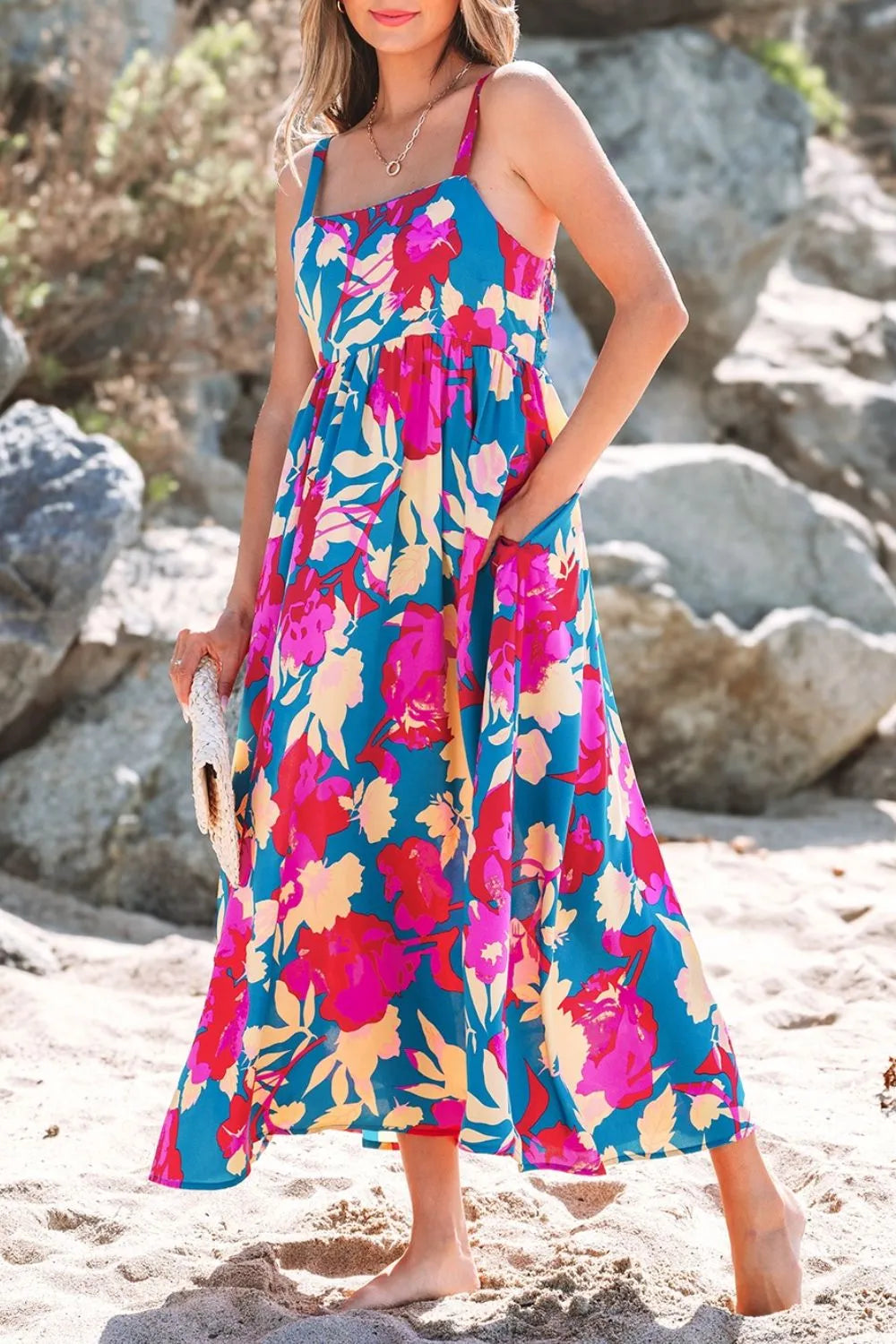Floral Square Neck Cami Dress with Pockets – Summer Casual Style - Roe Creation
