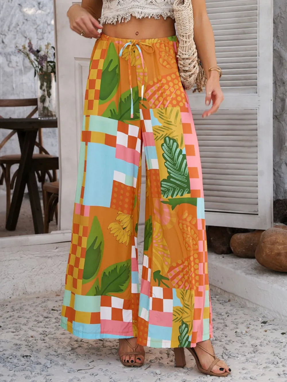 Devine Drawstring Printed Wide Leg Pants - Roe Creation