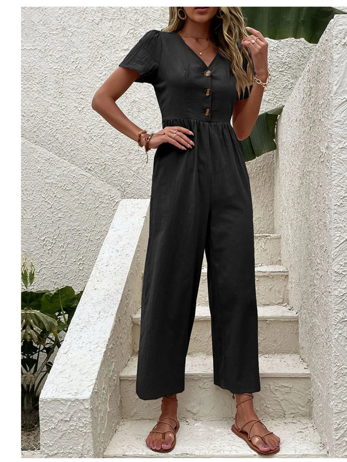 V-Neck Short Sleeve Wide Leg Jumpsuit - Roe Creation