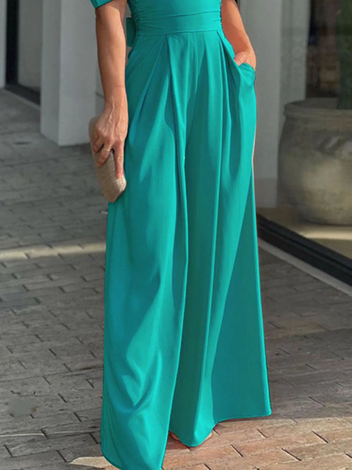 Full Size Cutout V-Neck Puff Sleeve Jumpsuit Plus Size - Roe Creation