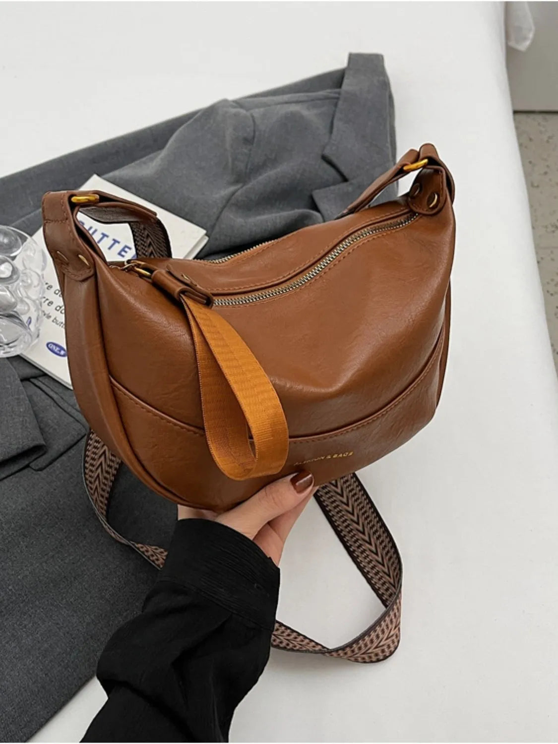 Leather Shoulder Bag with Woven Strap - Roe Creation