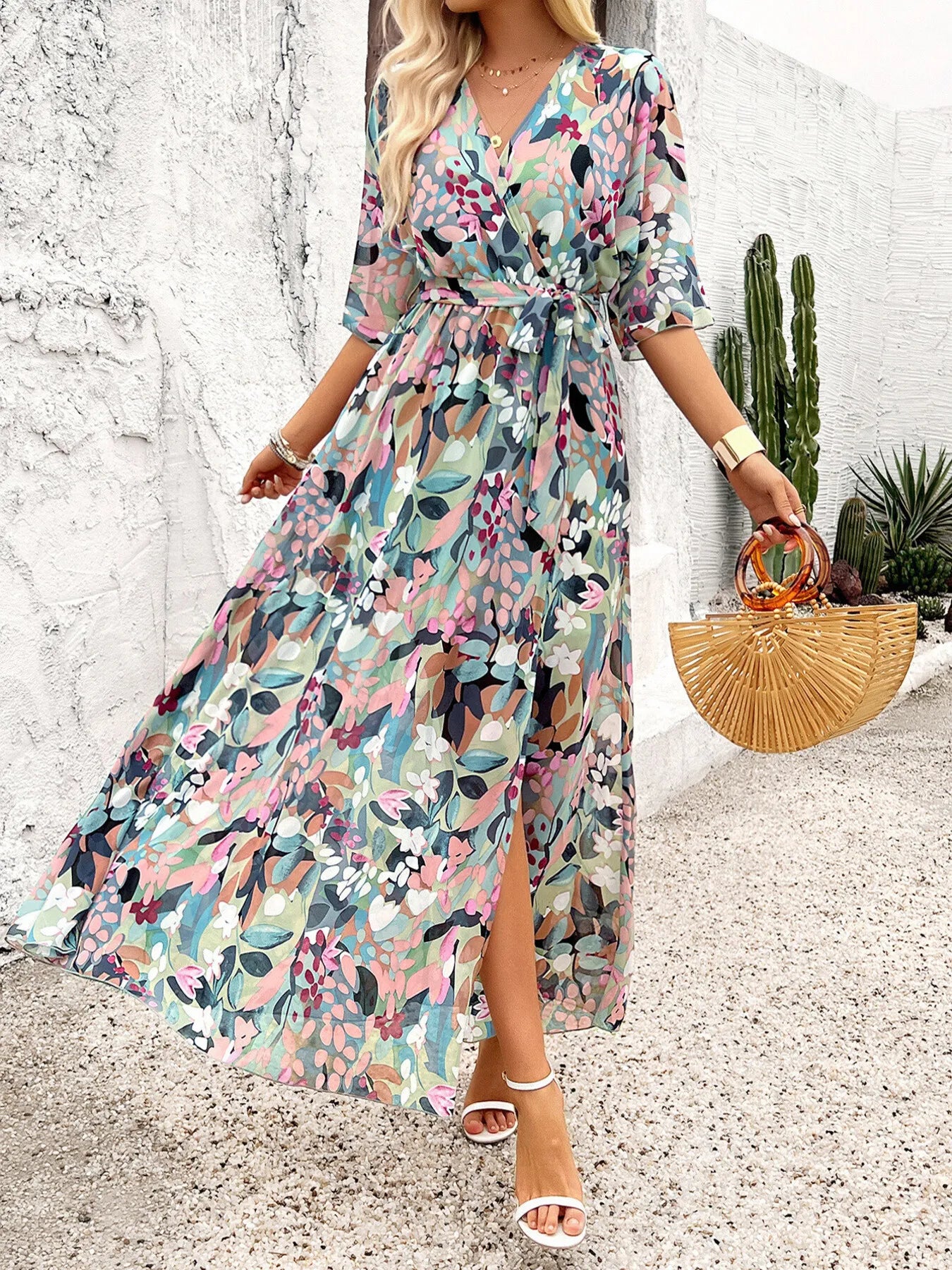 Slit Printed Surplice Half Sleeve Maxi Dress - Roe Creation