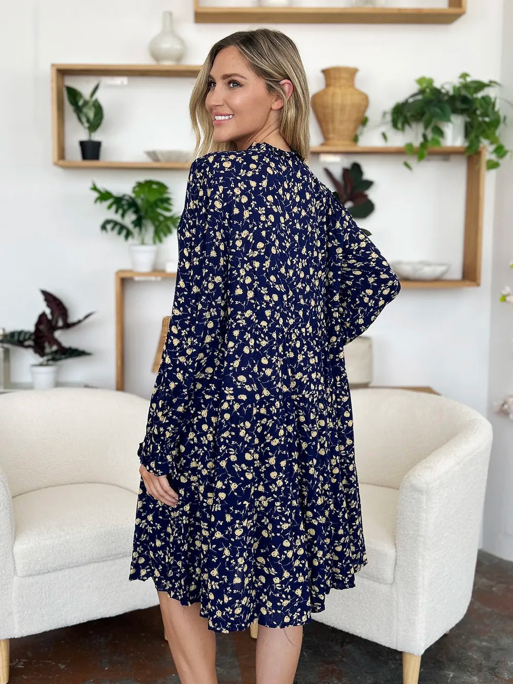 Double Take Full Size Printed Ruffle Hem Long Sleeve Tiered Dress - Roe Creation