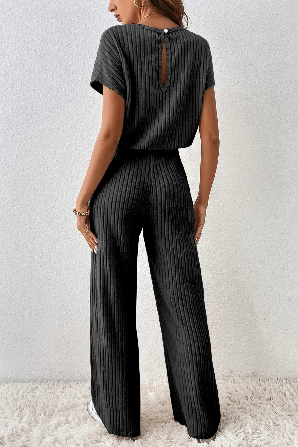Ribbed Short Sleeve Wide Leg Jumpsuit - Roe Creation