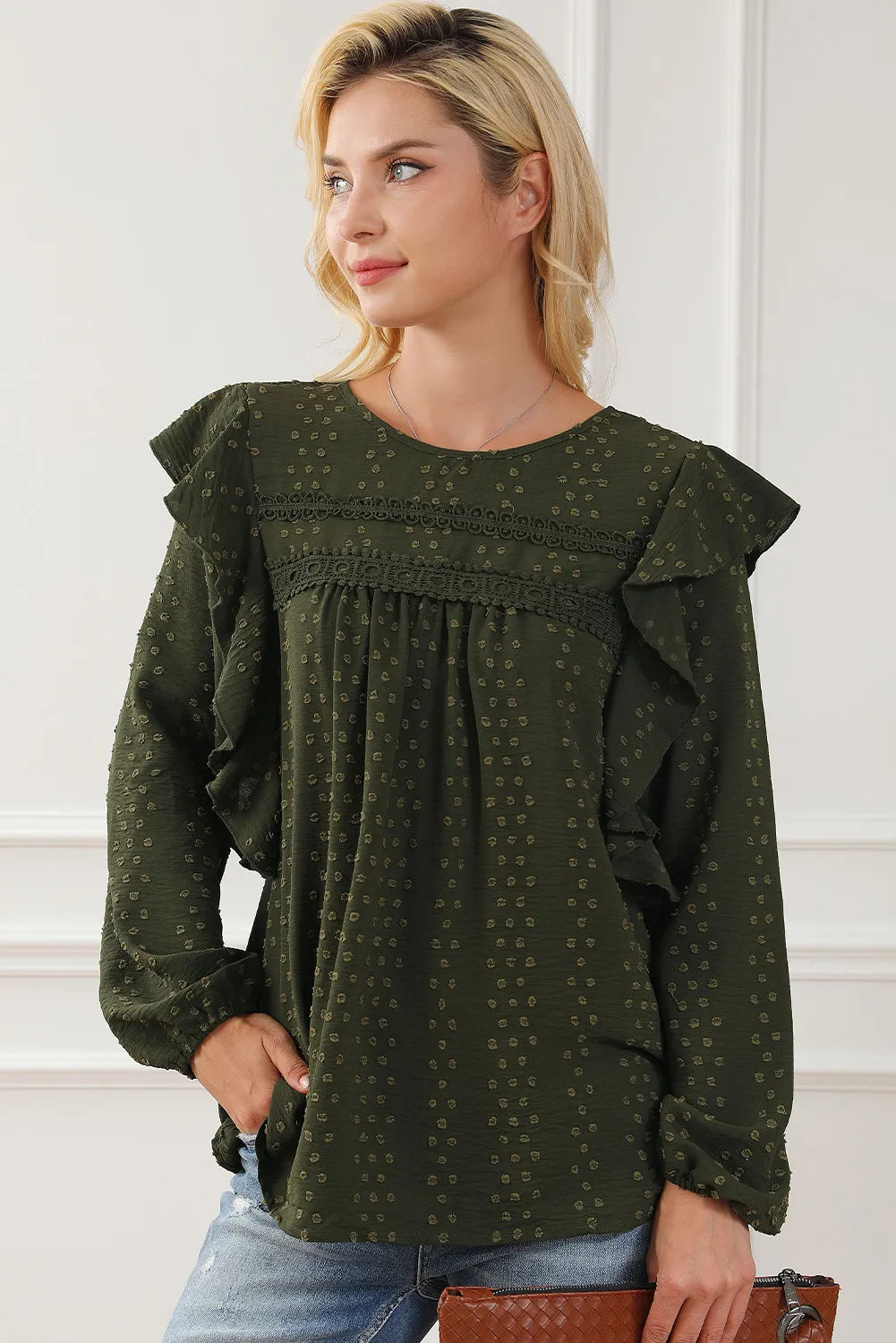 Women’s Round Neck Ruffled Blouse with Lace Detail – Elegant Casual Top - Roe Creation