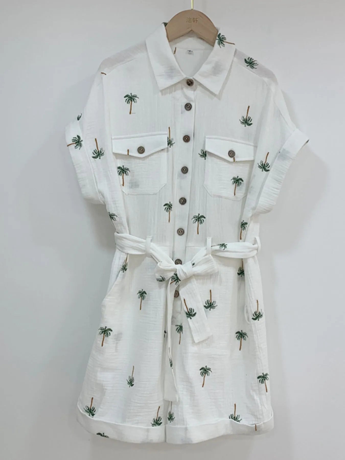 Palm Tree Print Short Sleeve Button-Up Romper with Belt - Roe Creation