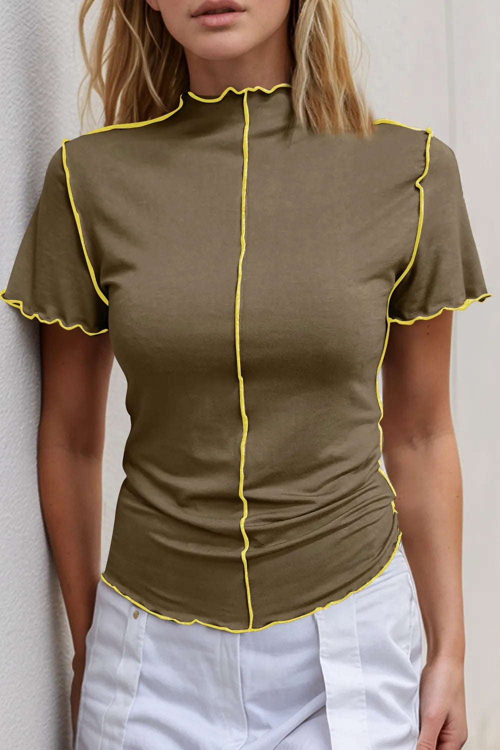 Basic Bae Contrast Trim Mock Neck Short Sleeve T-Shirt - Roe Creation