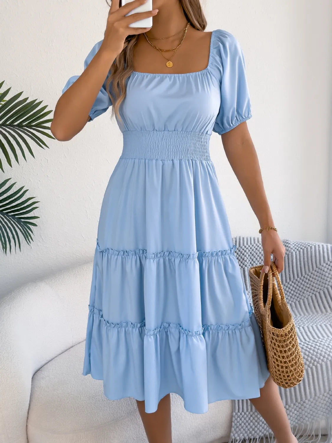 Square Neck Short Puff Sleeve Dress - Roe Creation