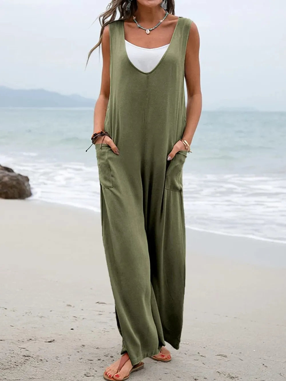 Full Size Wide Strap Jumpsuit with Pockets - Roe Creation