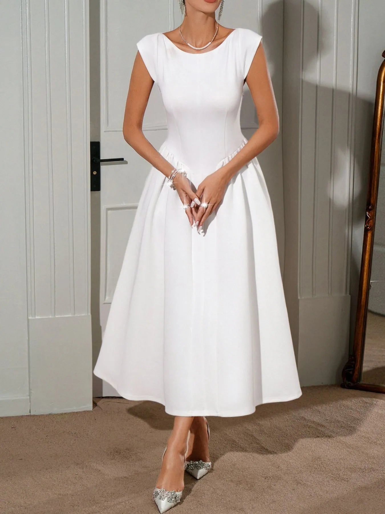 Round Neck Cap Sleeve Midi Dress - Roe Creation