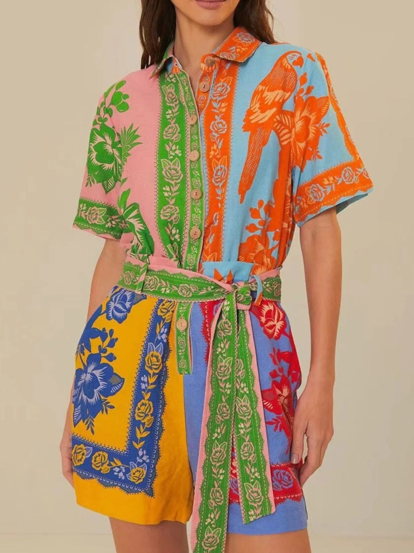 Printed Short Sleeve Tie Waist Romper - Roe Creation