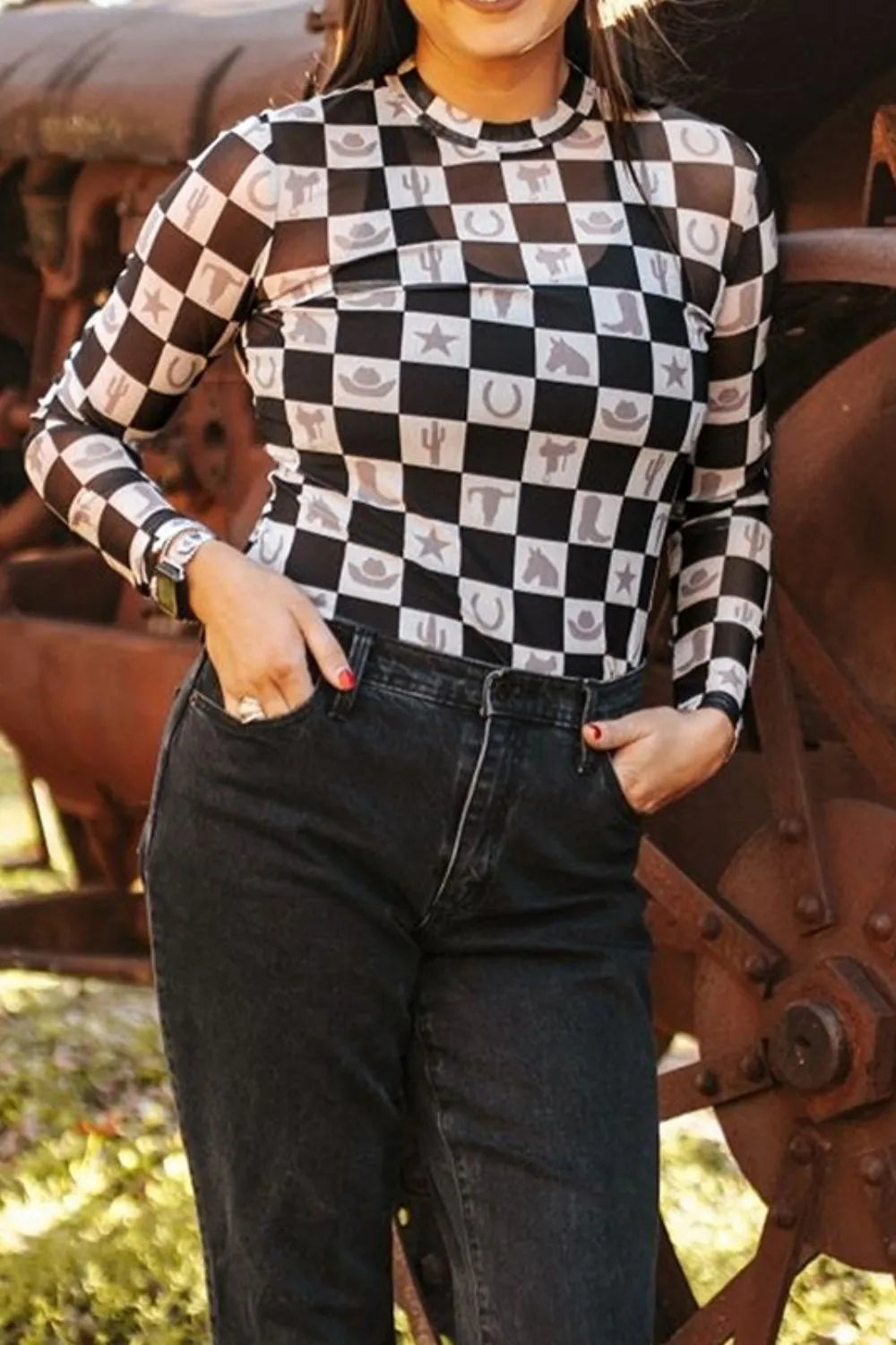 Checkered Mock Neck Long Sleeve Top - Roe Creation