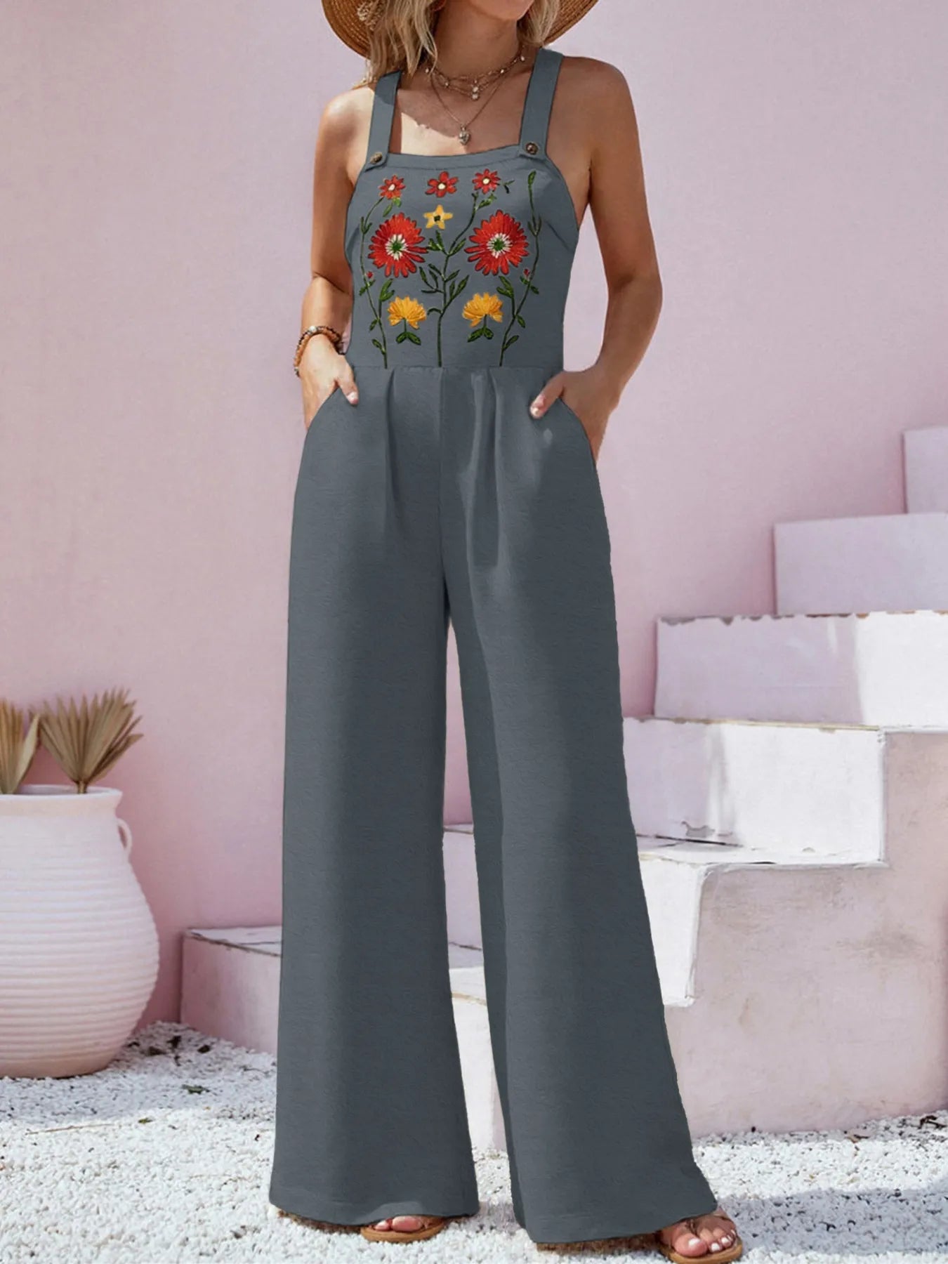 Floral Embroidered Wide Leg Jumpsuit - Roe Creation
