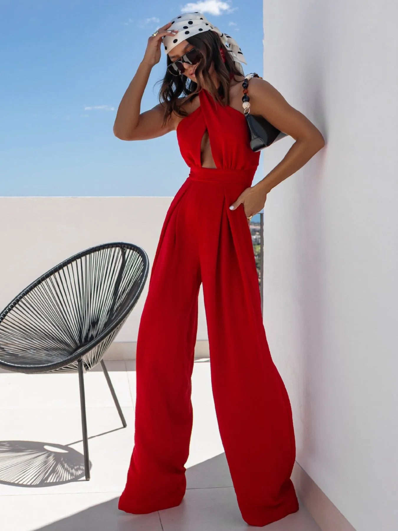 Wide Leg Cutout Halter Neck Jumpsuit - Roe Creation