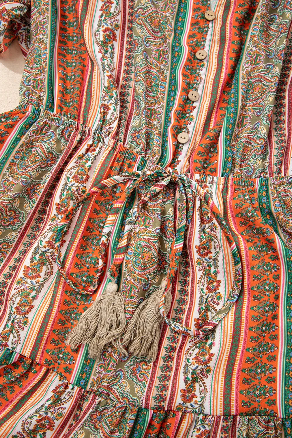 Bohemian Floral Print Buttoned V Neck Ruffle Tiered Dress - Roe Creation