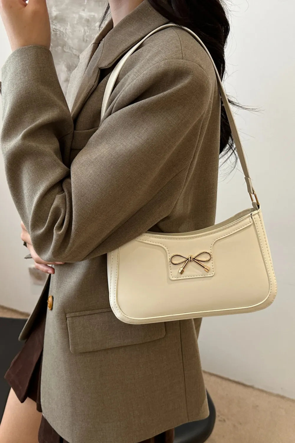 Bow Trim PU Leather Shoulder Bag - Roe Creation