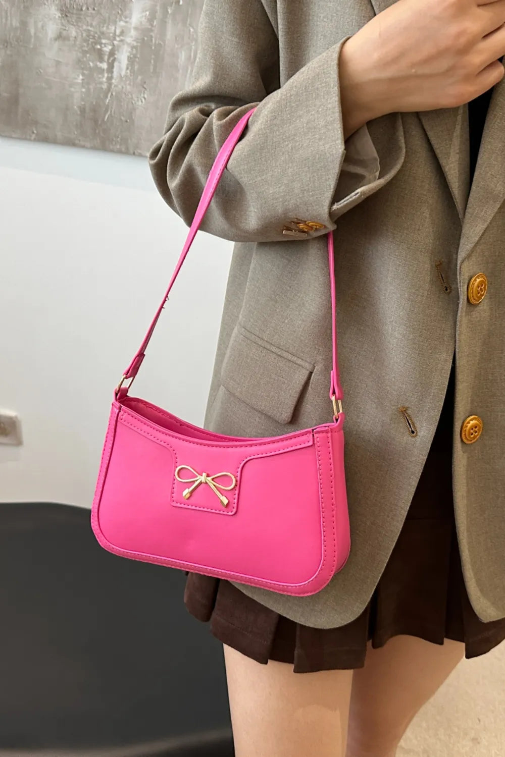 Bow Trim PU Leather Shoulder Bag - Roe Creation