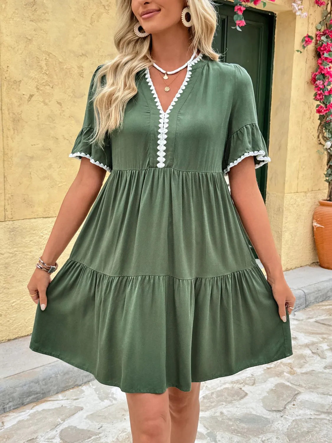 Lace Trim Notched Neck Mini Dress with Flounce Sleeves – Chic Summer Style - Roe Creation