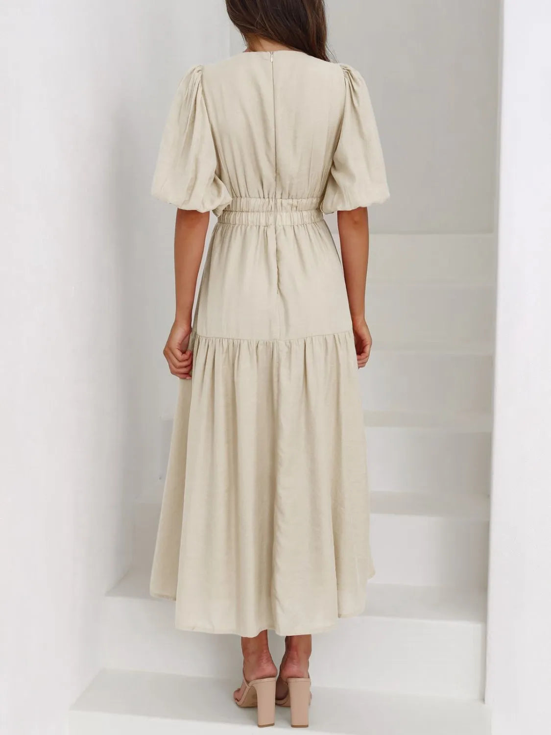 V-Neck Puff Sleeve Midi Dress - Roe Creation