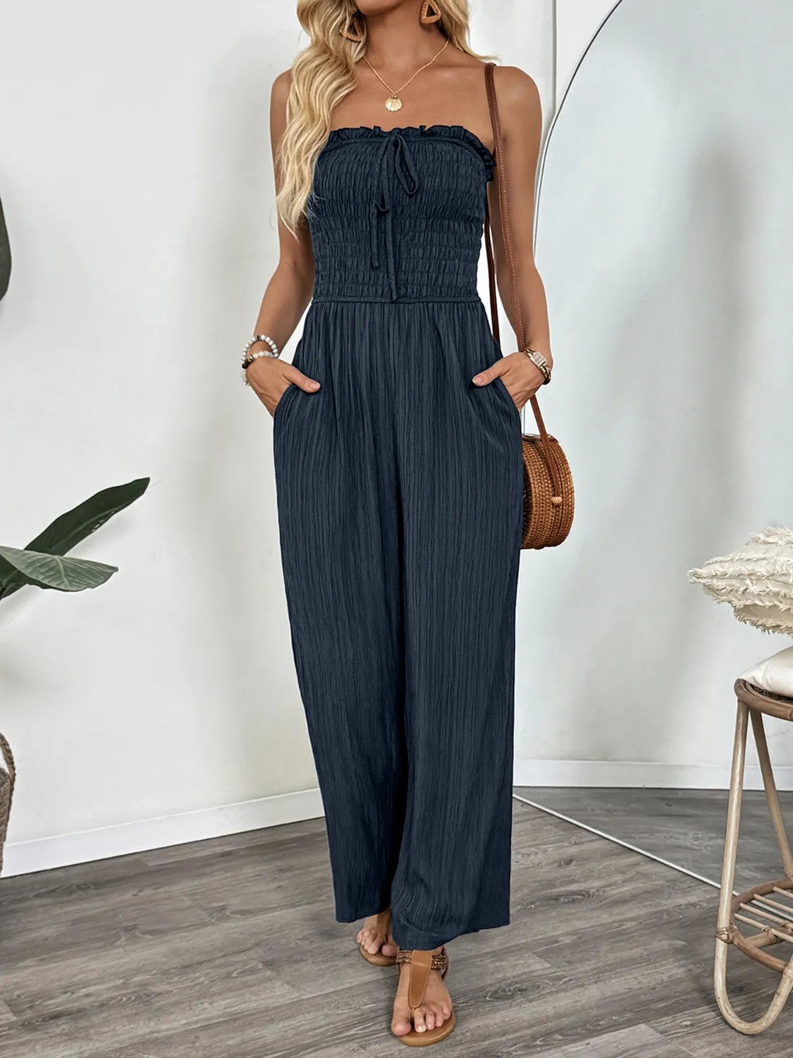 Smocked Tube Wide Leg Jumpsuit - Roe Creation