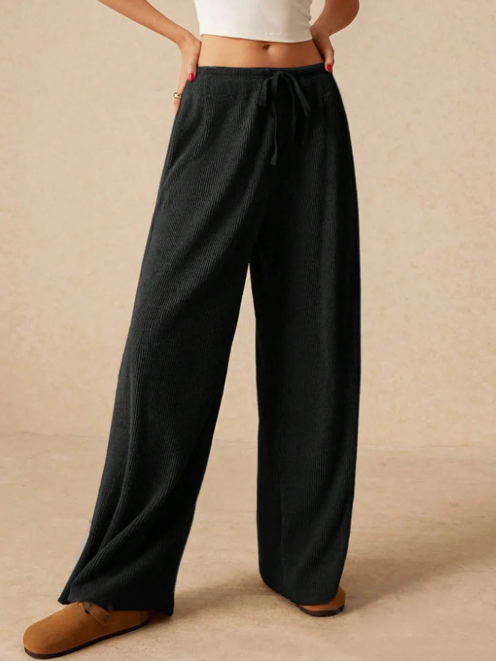 Ribbed Drawstring Wide Leg Pants - Roe Creation