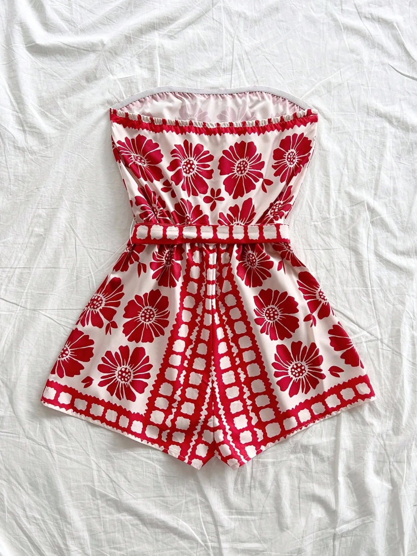 Printed Tube Tie Waist Romper - Roe Creation