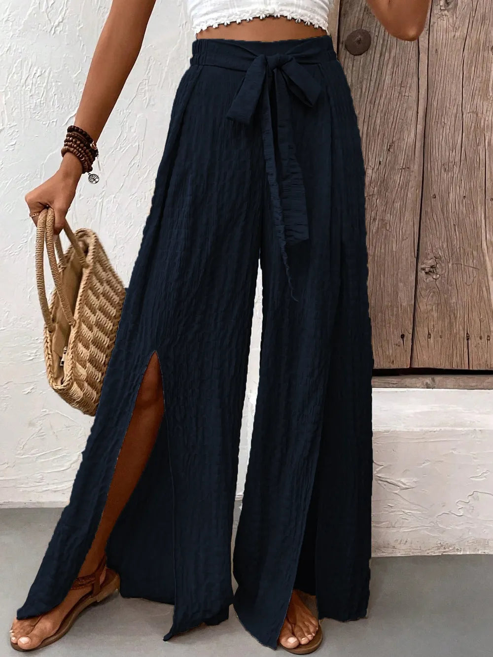 Honey Tied Slit Wide Leg Pants - Roe Creation