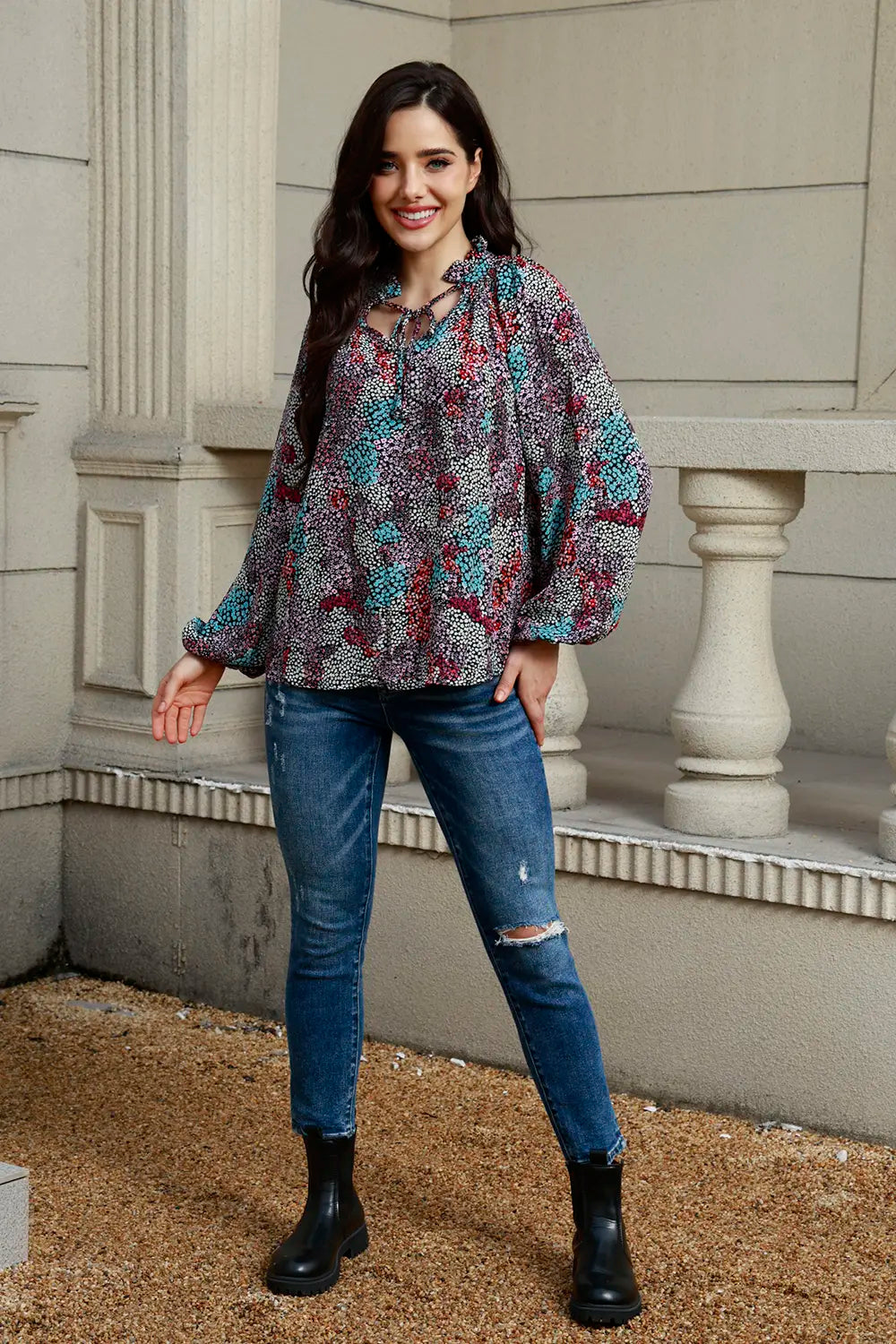 Tie Neck Heathered Blouse with Balloon Sleeves - Roe Creation