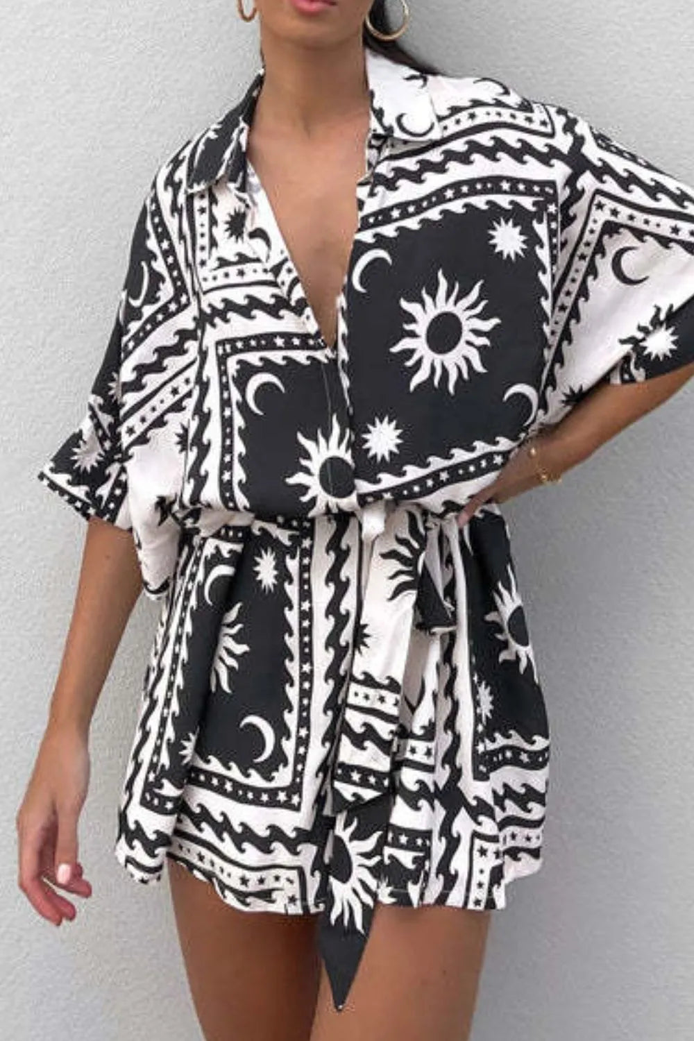 Printed Tie Waist Romper - Roe Creation