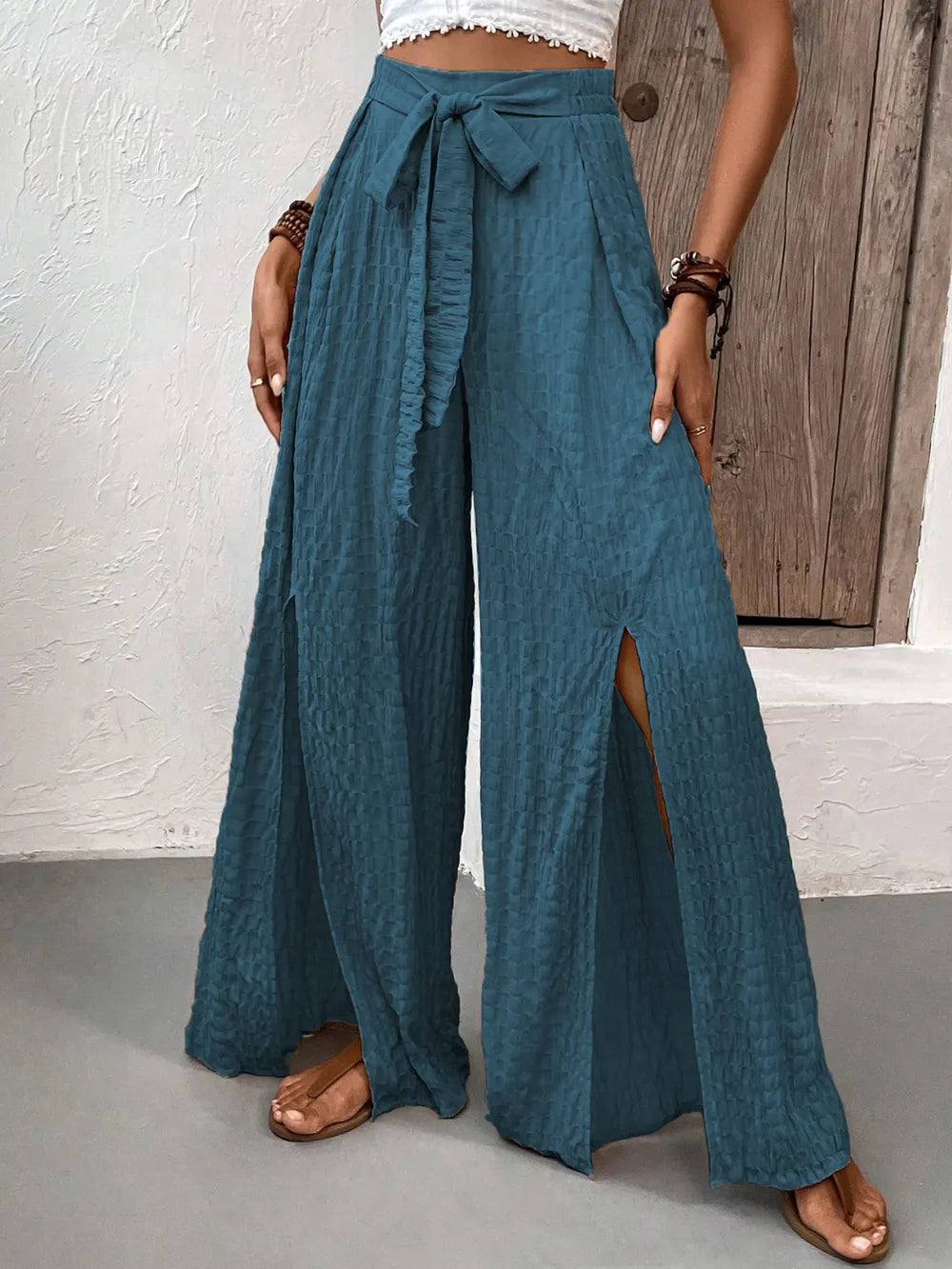 Honey Tied Slit Wide Leg Pants - Roe Creation
