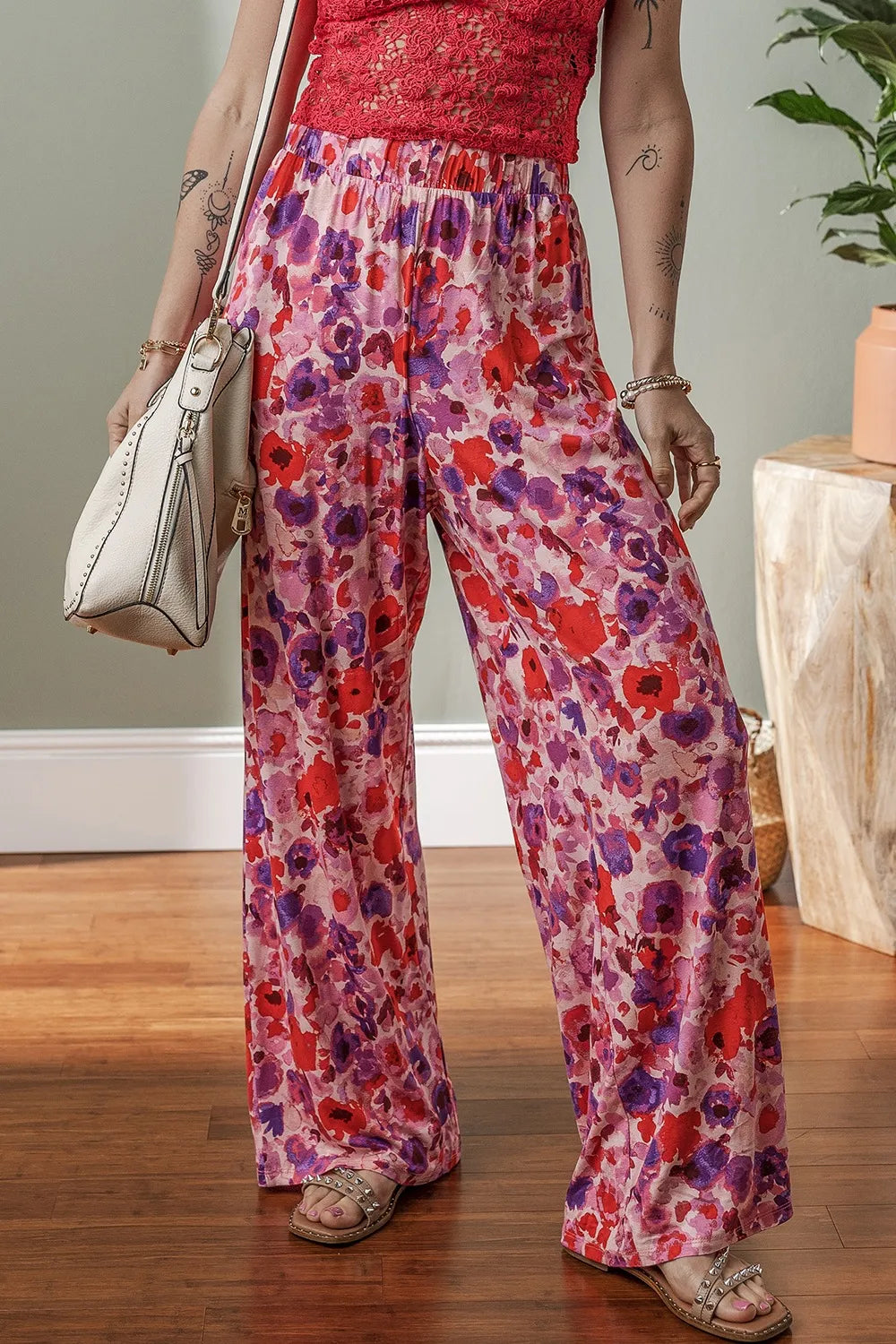 Floral Wide Leg Elastic High Waist Pants - Roe Creation