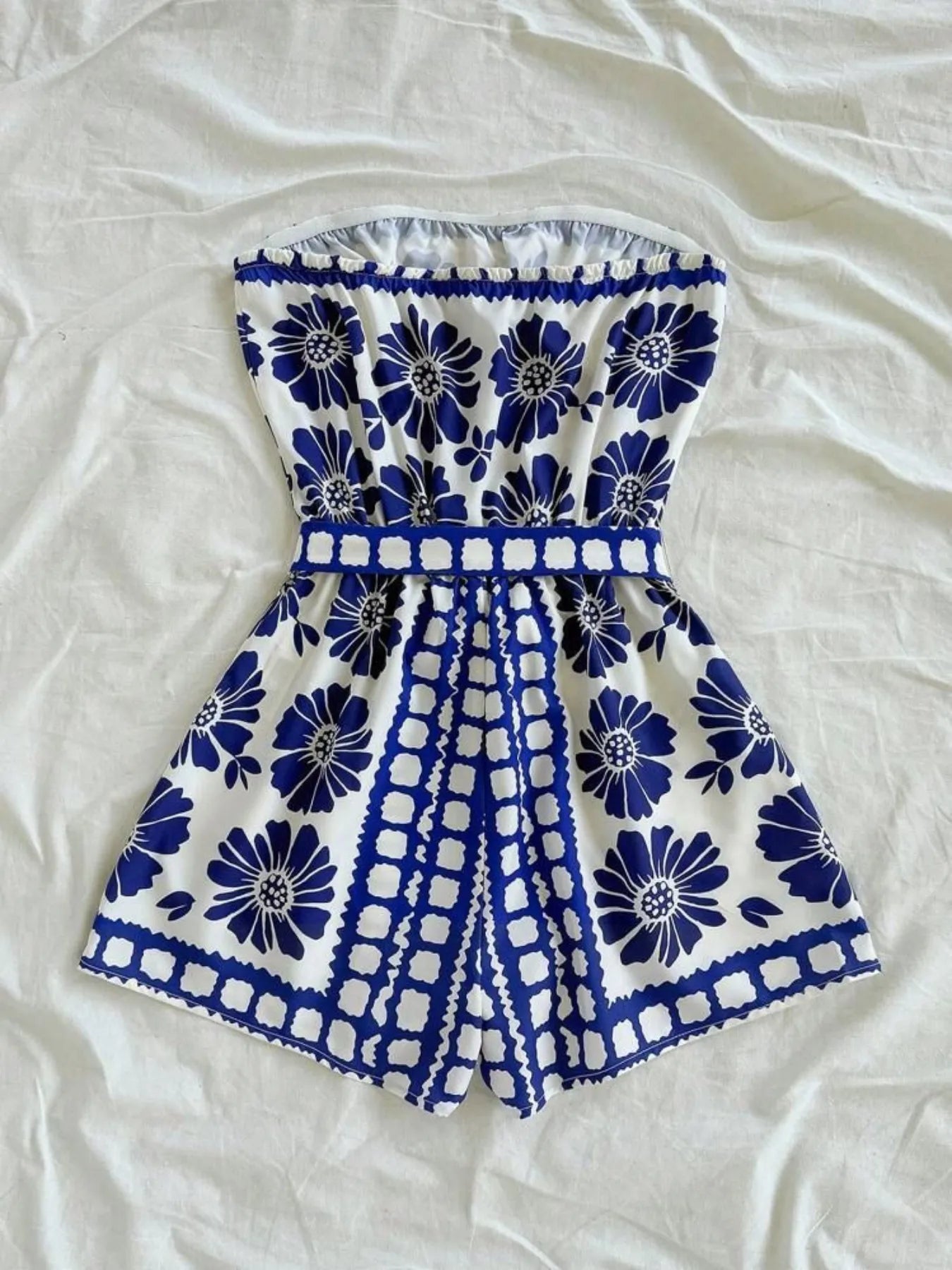Printed Tube Tie Waist Romper - Roe Creation