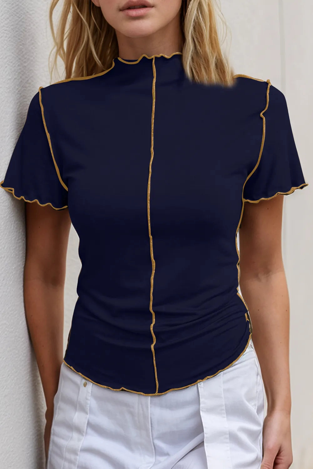 Basic Bae Contrast Trim Mock Neck Short Sleeve T-Shirt - Roe Creation