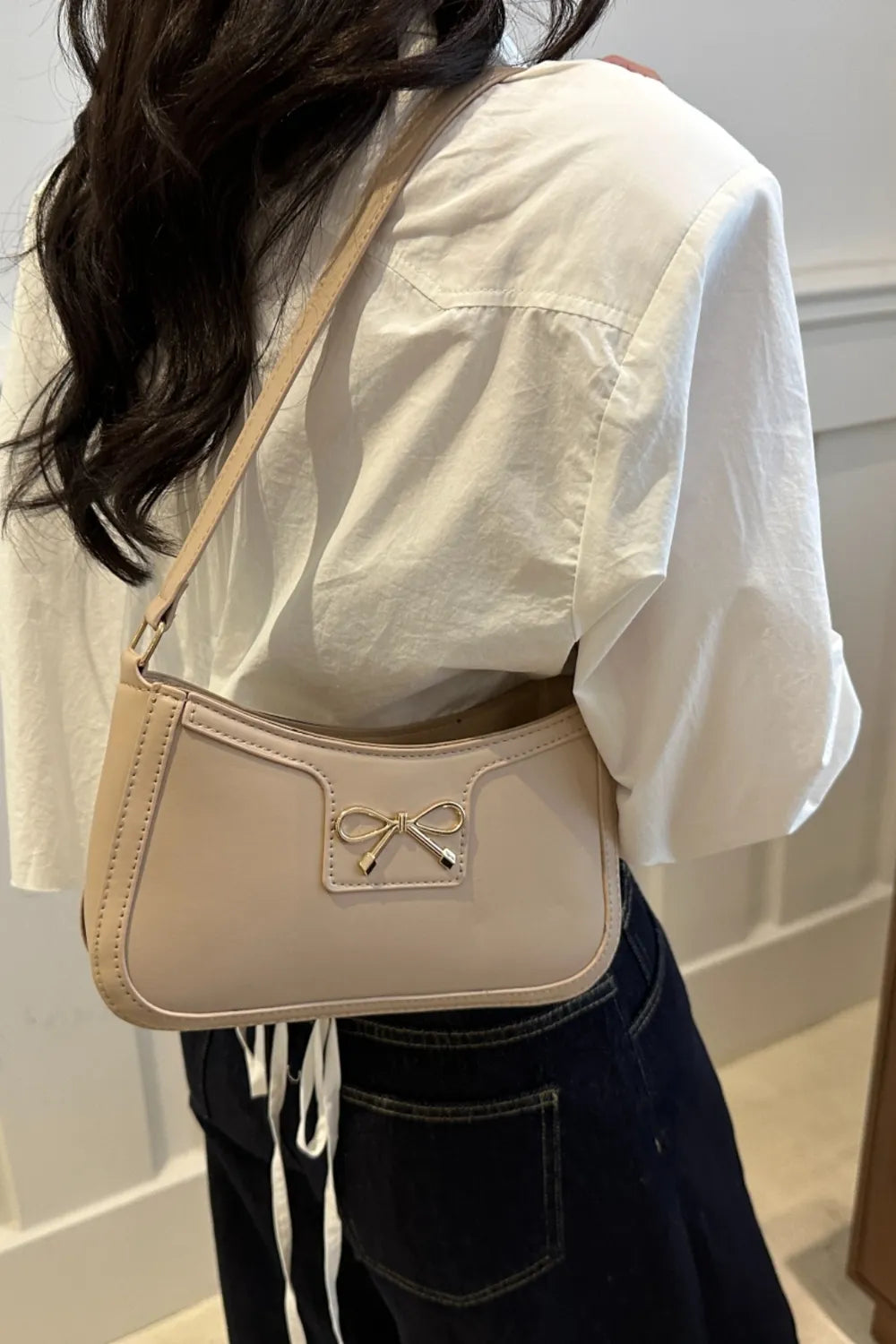Bow Trim PU Leather Shoulder Bag - Roe Creation