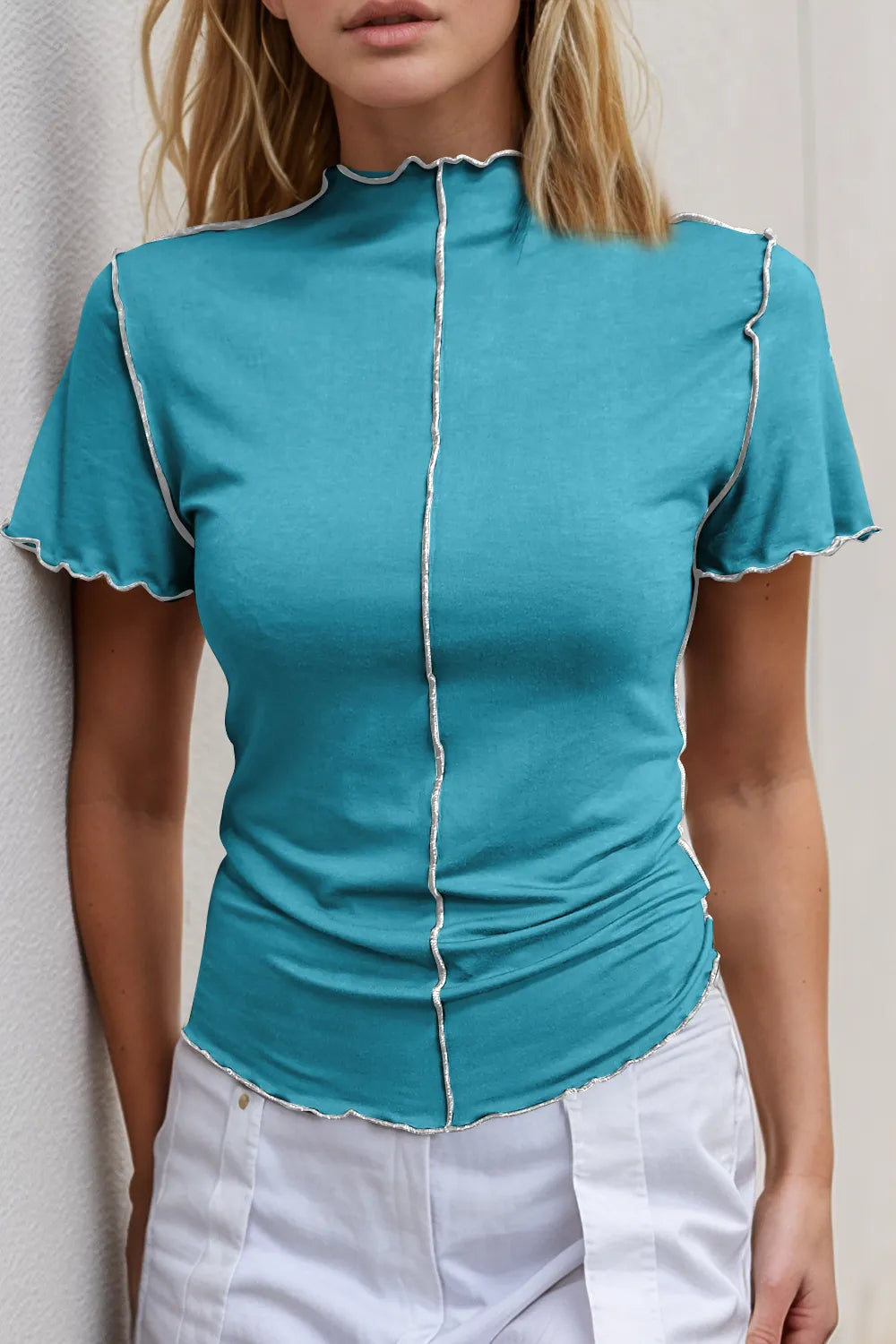 Basic Bae Contrast Trim Mock Neck Short Sleeve T-Shirt - Roe Creation