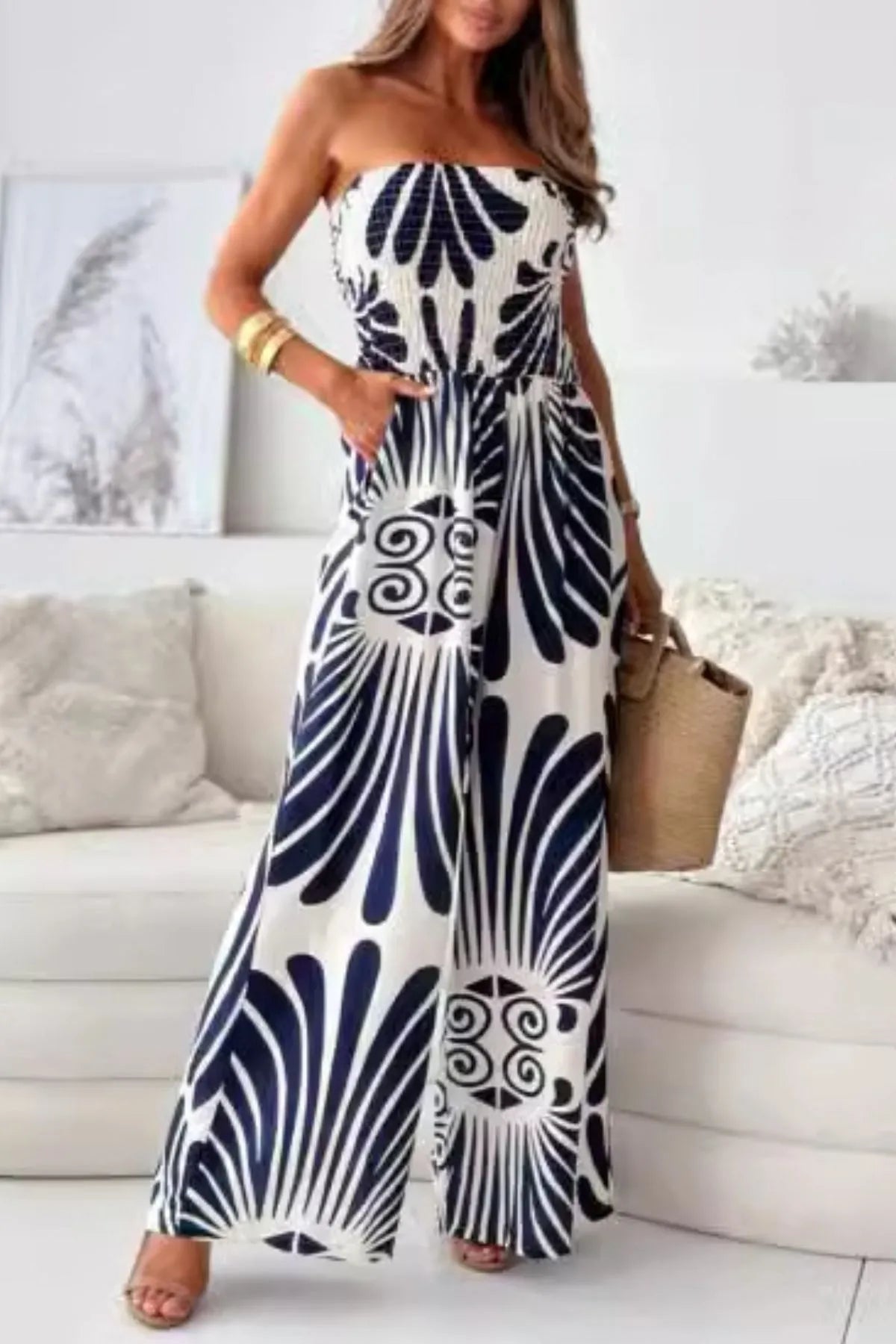 Printed Smocked Tube Wide Leg Jumpsuit - Roe Creation
