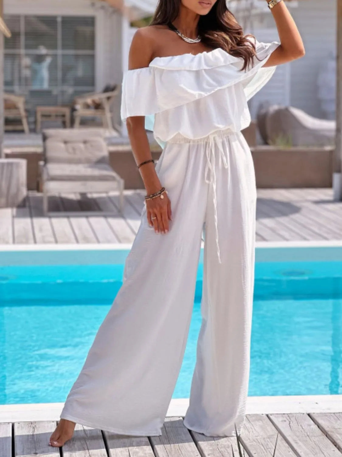 Off-Shoulder Ruffled Wide Leg Jumpsuit - Roe Creation