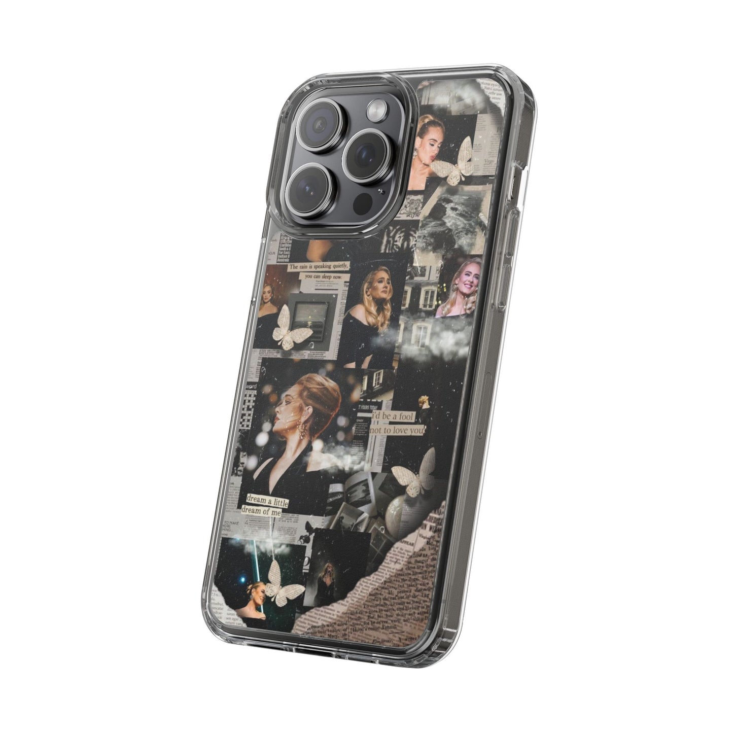Adele Aesthetic Clear Phone Case with Butterfly Collage Design