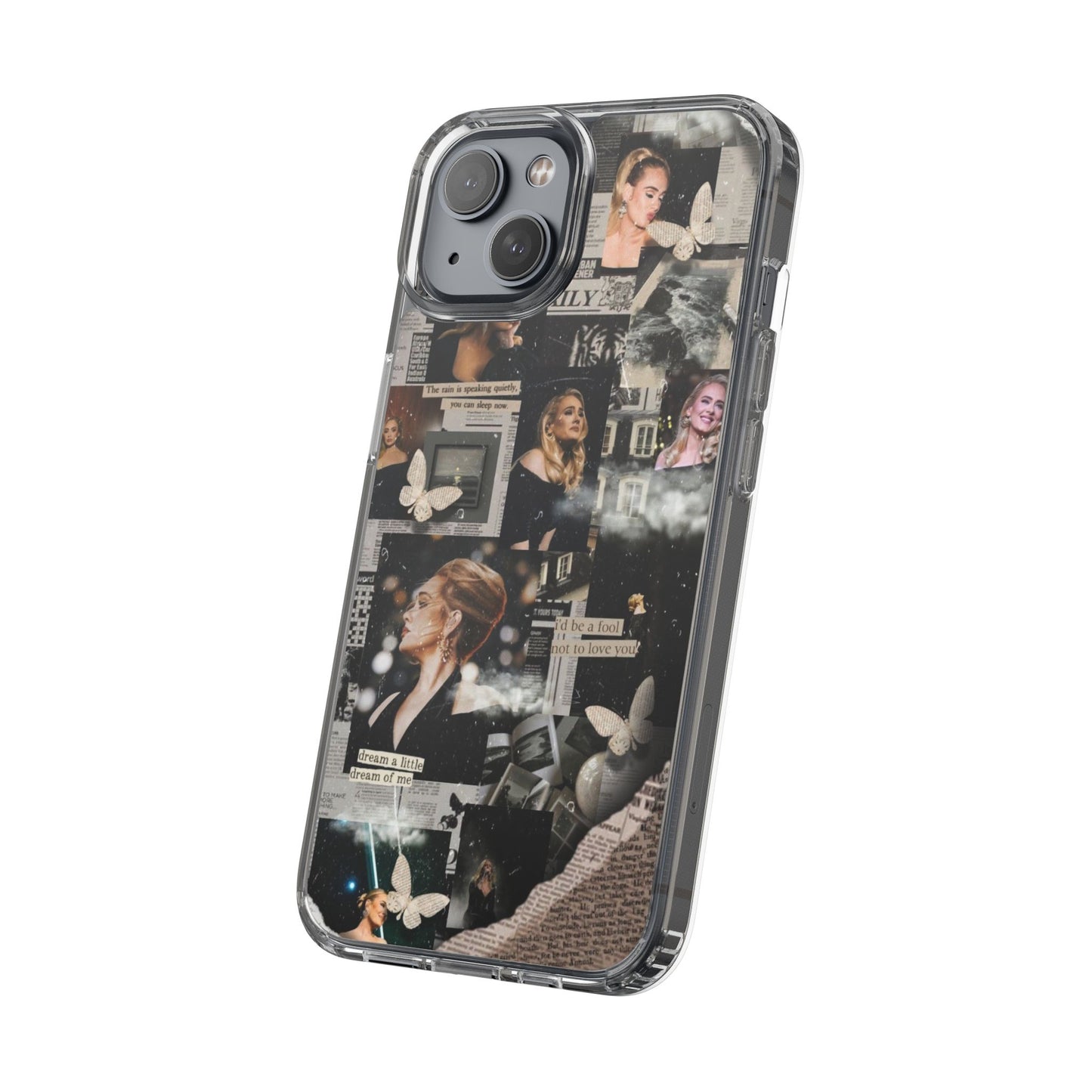 Adele Aesthetic Clear Phone Case with Butterfly Collage Design