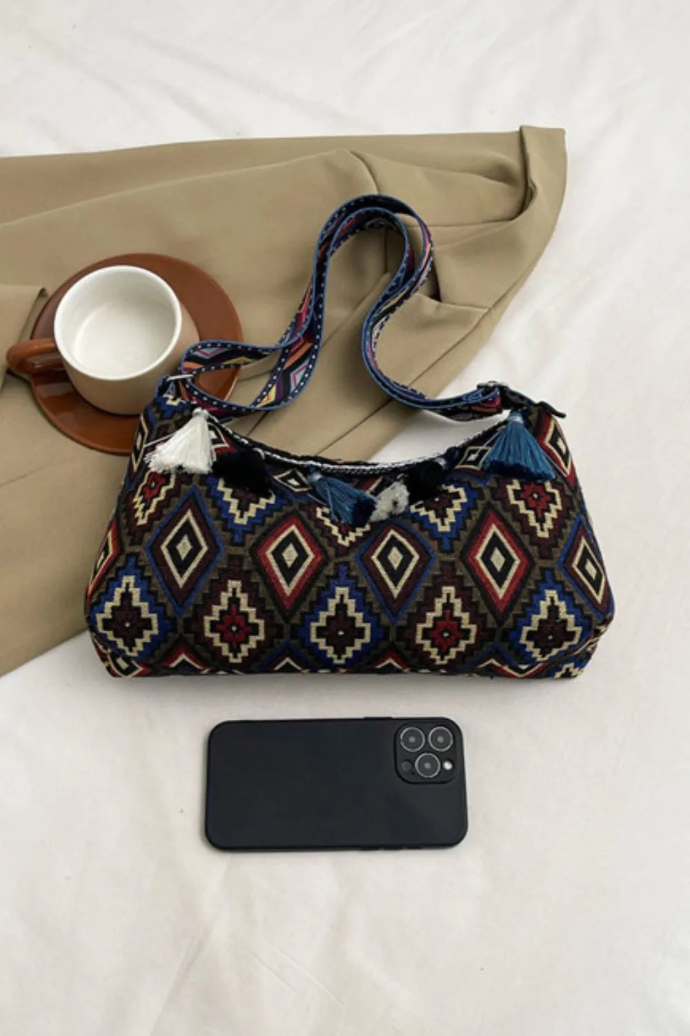 Retro Patterned Shoulder Bag with Tassel and Adjustable Strap - Roe Creation