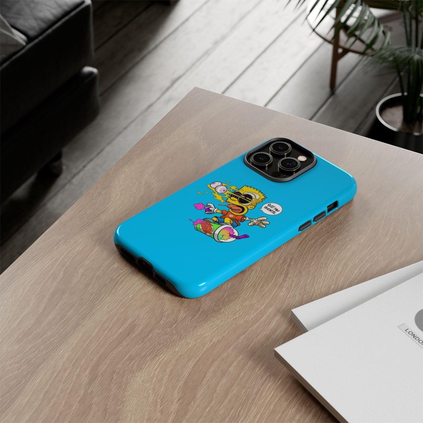 Spongebob Blue Cartoon iPhone Case - 'Eat My Shorts' Design