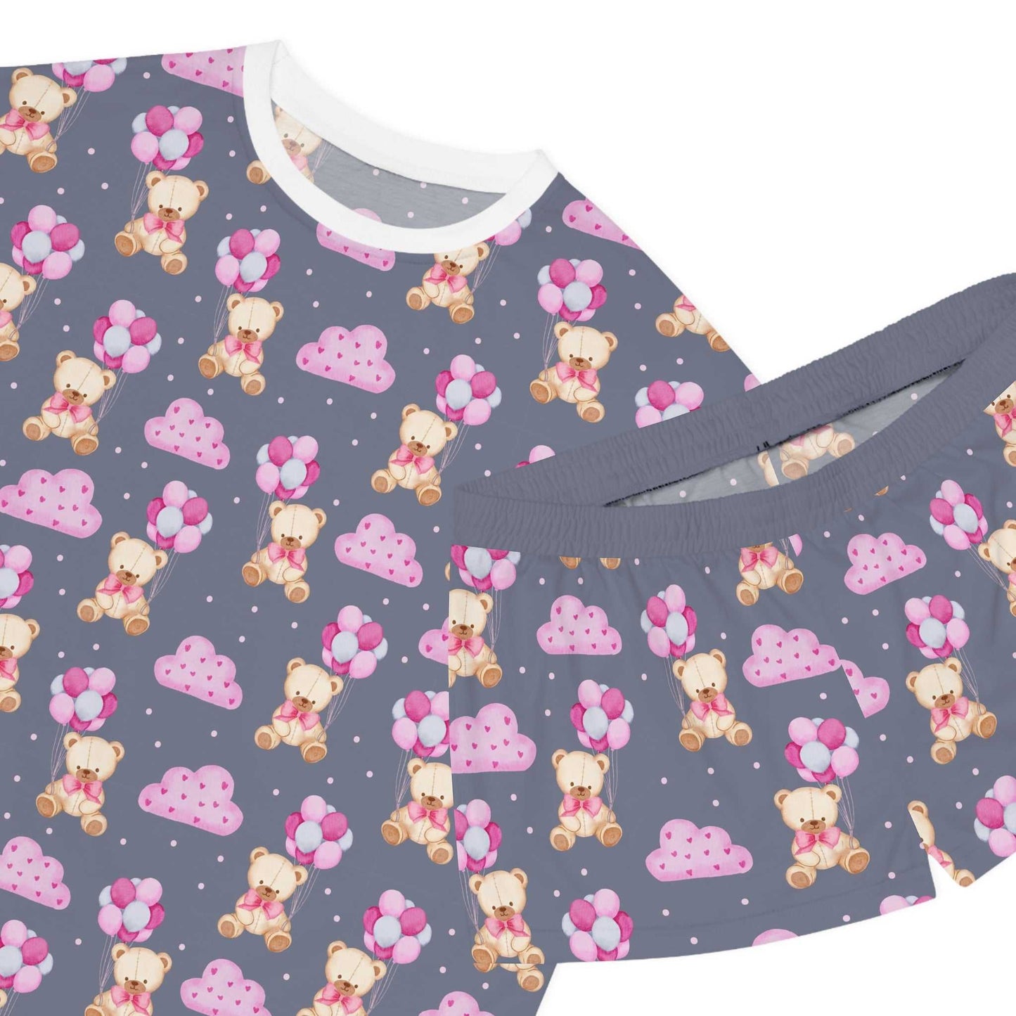 Cute Short Pajama Set for Women - Fun Cloud & Bear Print, Sleepwear, Loungewear.