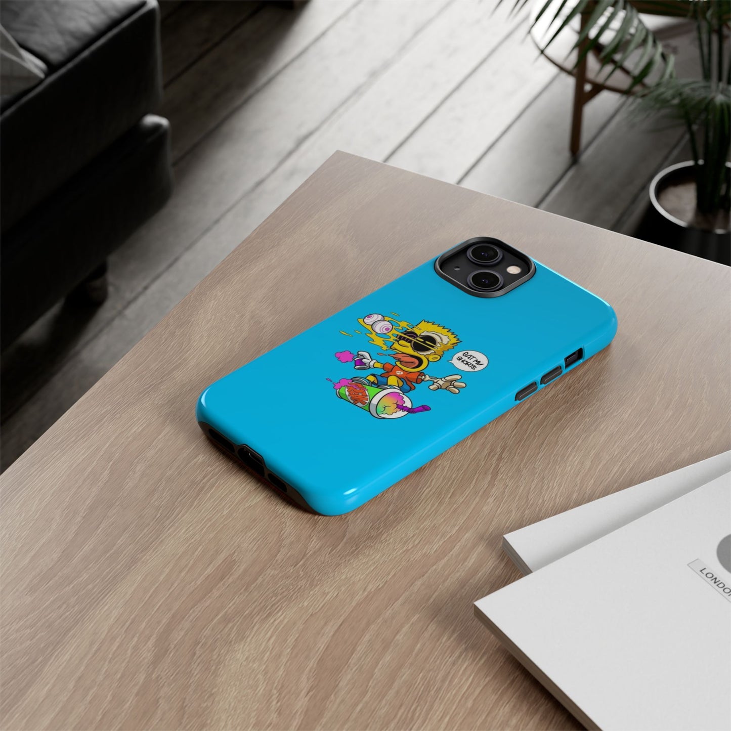 Spongebob Blue Cartoon iPhone Case - 'Eat My Shorts' Design